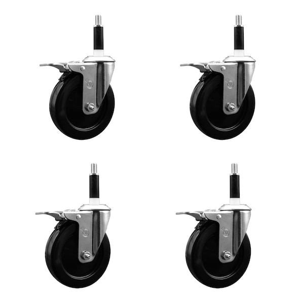 5'' SS Hard Rubber Swivel 7/8'' Expand Stem Caster Set Total Lock Brake, 4PK